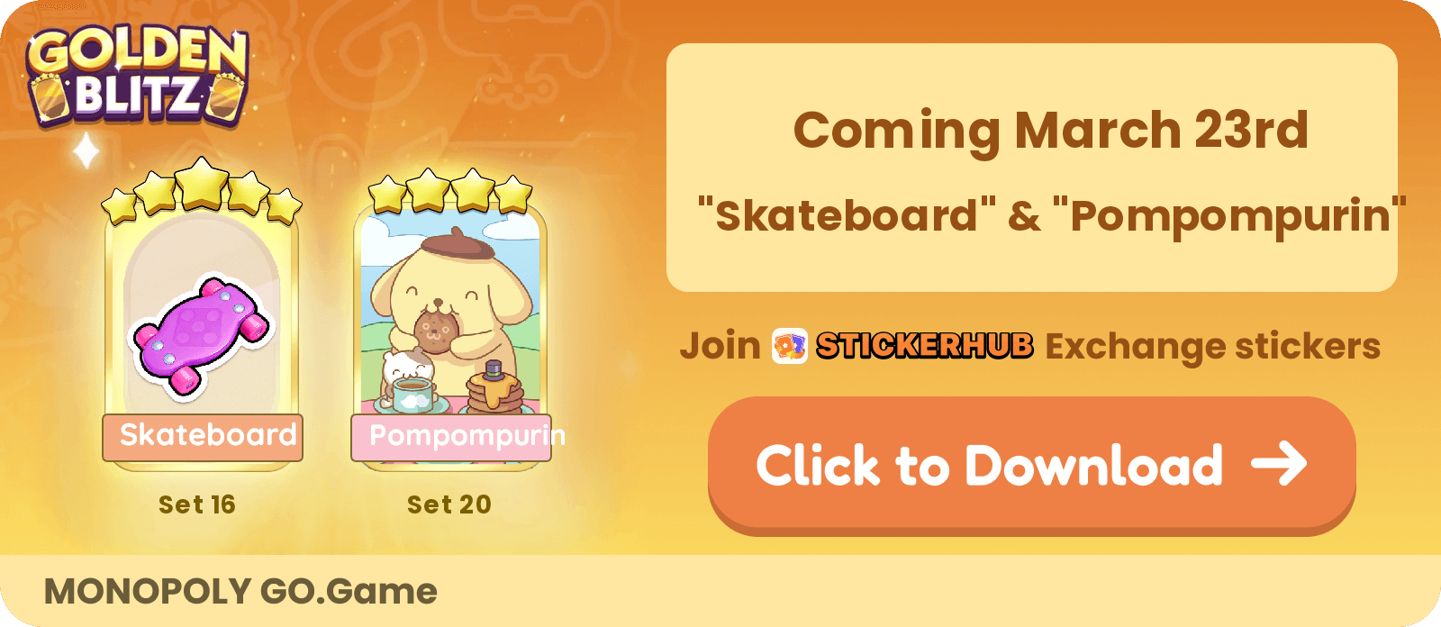 Blitz Dourada do Monopoly Go Obtenha as datas e horários mais recentes para o evento Blitz Dourada 2024 do Monopoly GO, onde os jogadores podem trocar adesivos dourados designados!